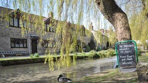 Un bâtiment en pierre, avec un saule pleureur devant, un canard près de l’eau et une pancarte indiquant : « Le point de ravitaillement des randonneurs de Springhead… bottes et pattes boueuses bienvenues ».