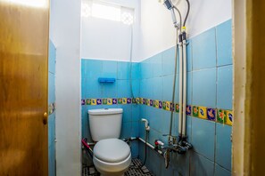 A small bathroom with a toilet, shower, and tiled walls.