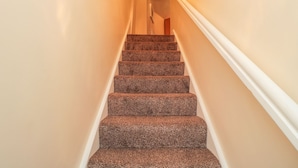 Una escalera con peldaños alfombrados que conduce a una plataforma.