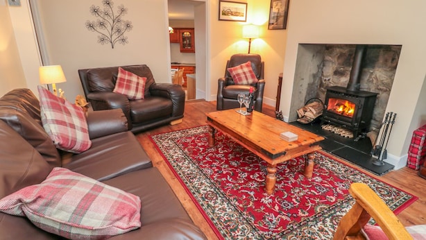 Una sala de estar acogedora con un sofá de cuero, una mesa de centro de madera, un tapete rojo con estampado, una chimenea y un área de comedor al fondo.
