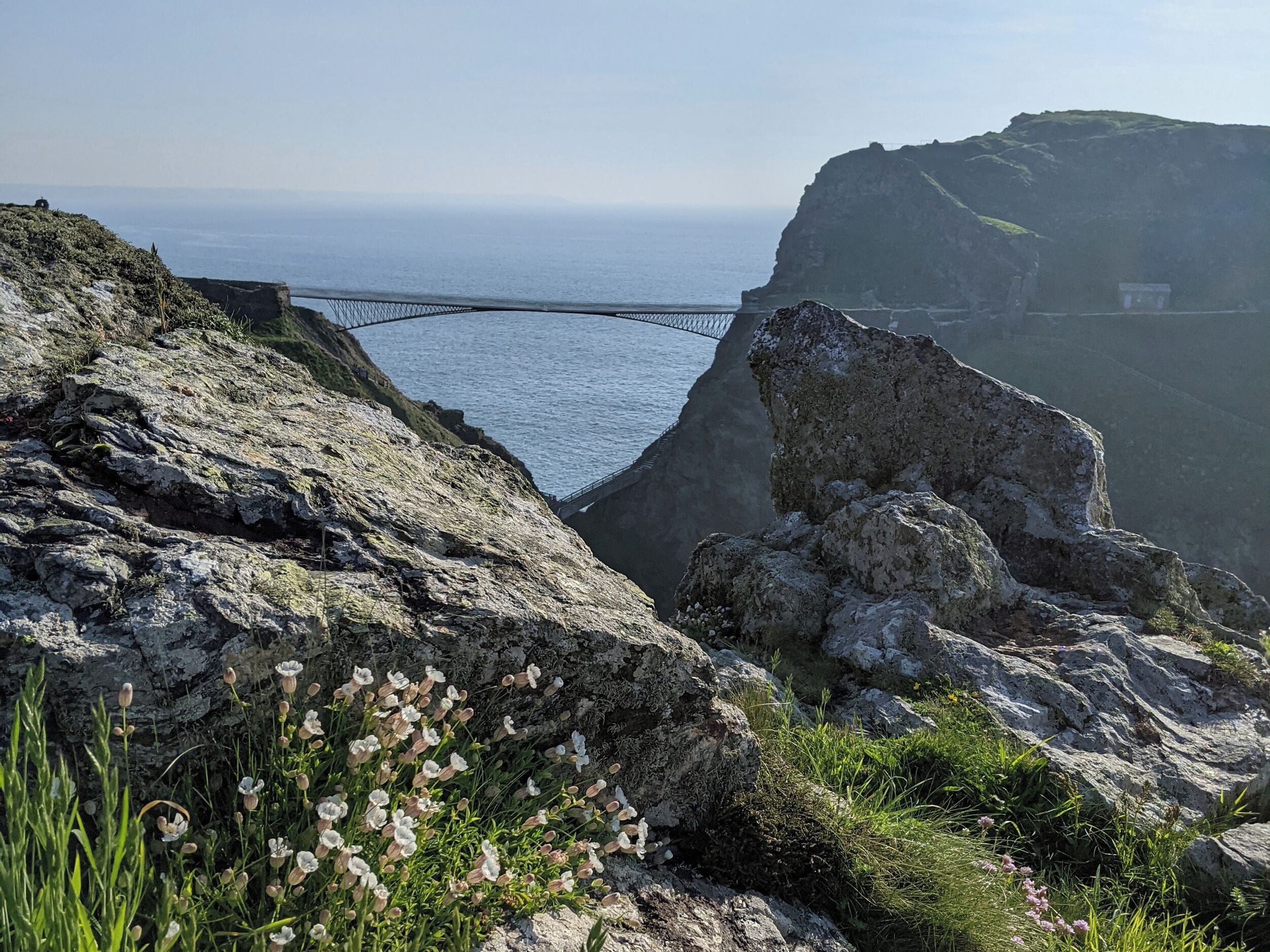 A coastal landscape with a bridge, rocky terrain, and vegetation.