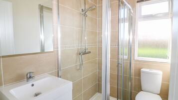A bathroom with a glass-enclosed shower, a white sink, and a toilet.