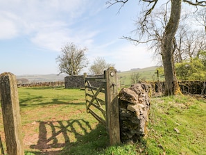Un paysage rural avec un mur de pierres, une porte en bois et une clôture en pierres.