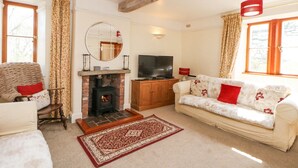 Una sala de estar acogedora con chimenea, un sofá, un televisor y un espejo grande.