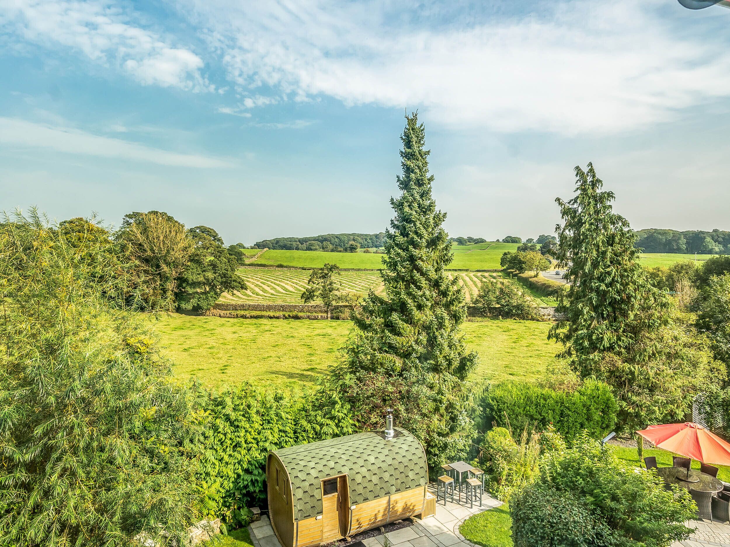 Une petite cabane au toit végétalisé, dotée d’un patio, et entourée d’une végétation luxuriante et de champs.