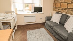 Una sala acogedora con un sofá gris, un radiador blanco, un televisor y una ventana con persianas.