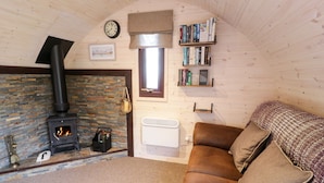 A cozy cabin interior with a stone fireplace, a bookshelf, and a comfortable couch. - Gelert Pod (Saint Asaph)