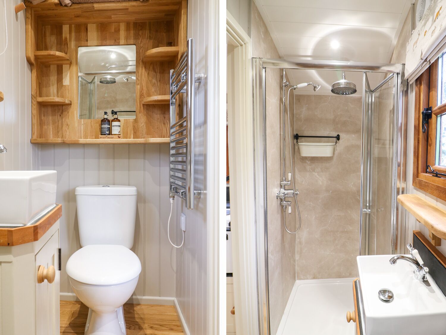 A compact bathroom with a toilet, sink, and shower.