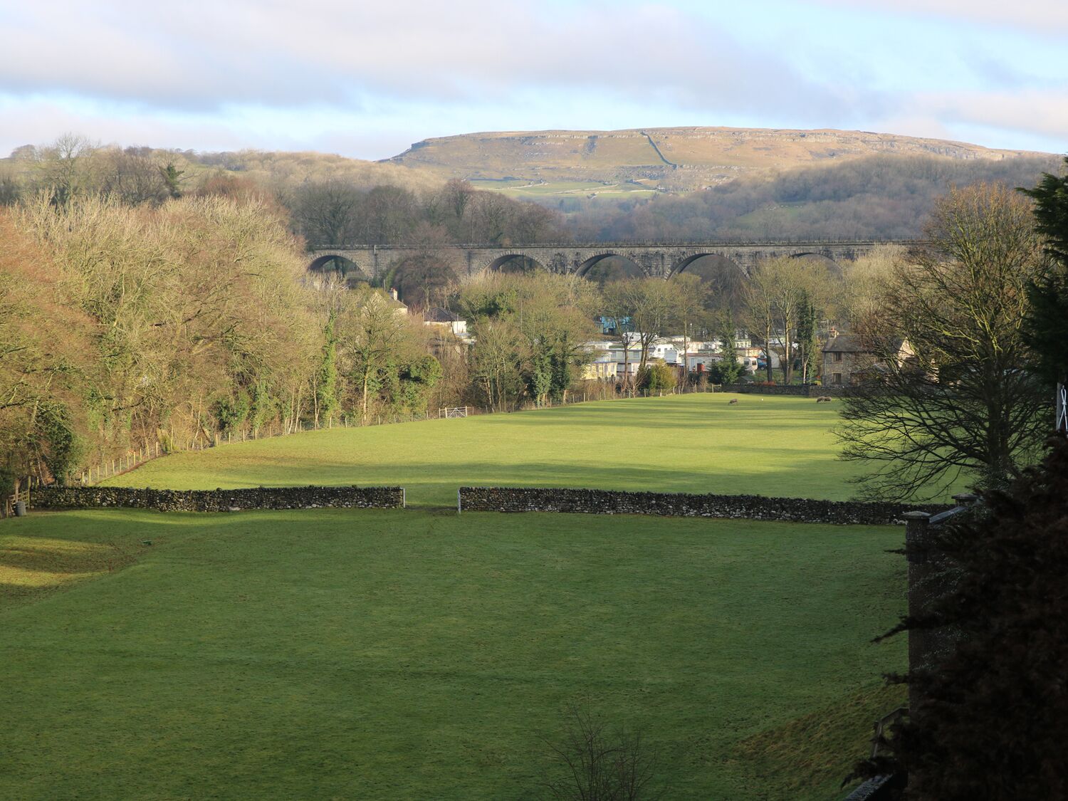 A green field with a stone wall and a bridge in the background.