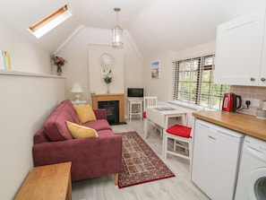 A compact living space with a sofa, a small table, a TV, a fireplace, a washing machine, and a window with blinds. - Fir Tree Cottage (Criccieth)