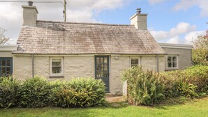 A traditional stone house with a green door, a chimney, and a small front garden. - Ffrwd Cottage (Bodorgan)