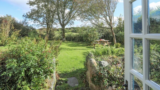 A garden with a picnic table, a stone wall, and a large tree. - Ffrwd Cottage (Bodorgan)