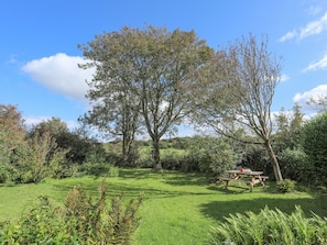 Relax in a serene natural setting with a picnic table amidst lush greenery.