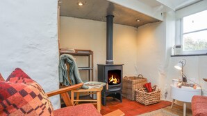 A cozy living room with a fireplace, a bookshelf, and a comfortable seating area. - Ffrwd Cottage (Bodorgan)