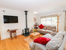 A living room with a fireplace, a sofa, a TV, and a window with curtains.