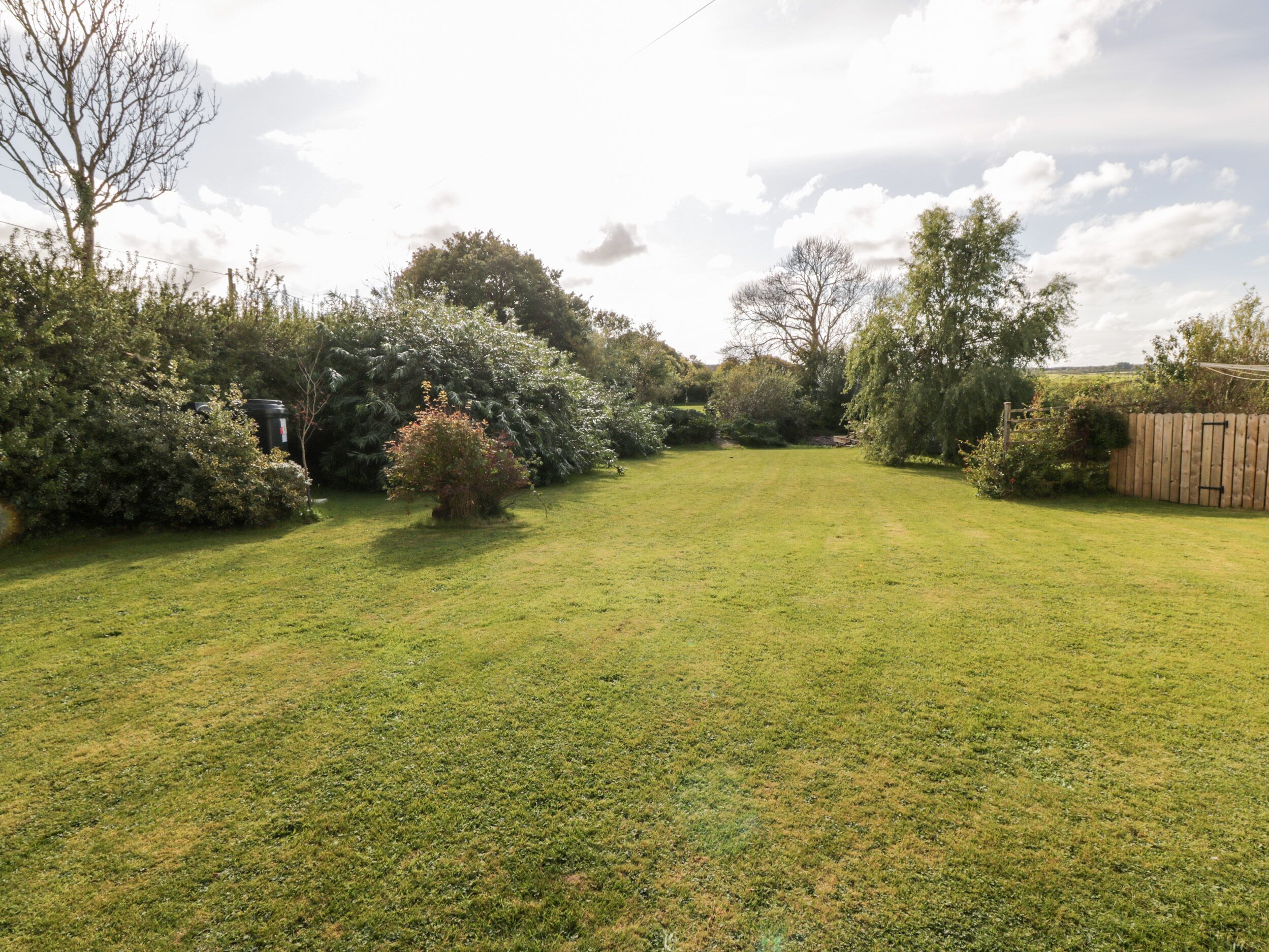 A well-maintained grassy yard with various bushes and trees, a wooden fence, and a clear sky.
