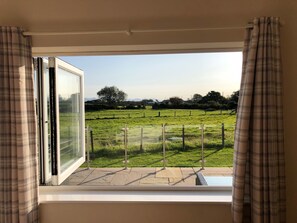 Enjoy a serene view of the surrounding grassy field from the large window.