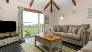 A living room with a television, a sofa, a coffee table, and a view of a green landscape through a glass door.