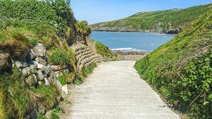 Camí costaner amb un mur de pedra d'un costat i un turó verdós de l'altre, que condueix a una platja.