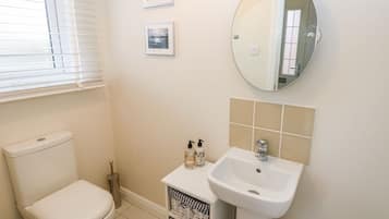A bathroom with a toilet, a sink, and a mirror. There are two framed pictures on the wall.