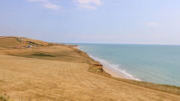 Eine Küstenlandschaft mit einem Feldweg, der zu einem Strand führt, einem eingezäunten Bereich und einer entfernten Meerblick.