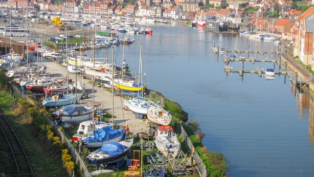 A marina with numerous boats docked, a historic building in the background, and a town with red-roofed houses.
