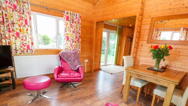 A cozy room with wooden walls and floors, a pink leather chair, a wooden table with a vase of flowers, and a television on a stand. - Borah Lodge (Penzance)