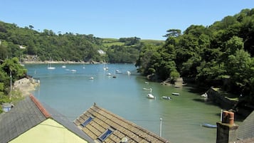 Une vue sur la côte, avec des bateaux sur l’eau, un bâtiment vert doté d’un toit en pente et une colline boisée.