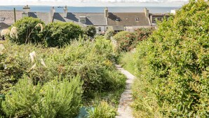 A coastal residential area with houses, a narrow path, and a view of the sea.