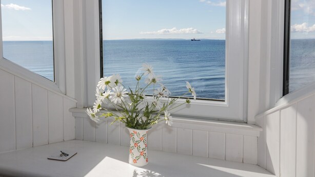 A window with a white vase containing white flowers, overlooking a calm sea with a ship in the distance.