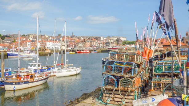 A harbor with boats docked, a town in the background, and lobster traps on the shore. - Dove Cottage (Whitby)