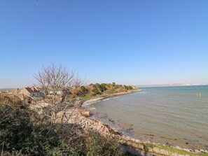 A coastal landscape with a clear sky, a rocky shoreline, and a row of houses along the water's edge. - Sea Pebbles (Weymouth)