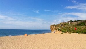 Una spiaggia sabbiosa con un cielo blu limpido, una scogliera rocciosa e un cartello rosso.