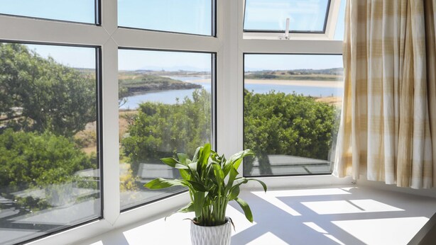 Ein Zimmer mit großen Fenstern und Blick auf eine natürliche Landschaft, eine Zimmerpflanze auf dem Fensterbrett und ein zur Seite gezogen Vorhang.