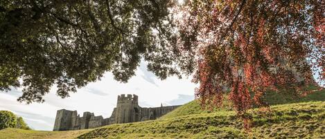 A castle on a grassy hill with a road in the foreground.