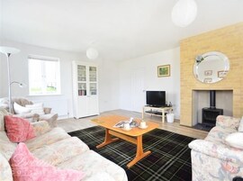 A living room with a sofa, a coffee table, a television, a fireplace, and a window.