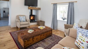 A cozy living room with a fireplace, a flat-screen TV mounted above it, a sofa, a coffee table, and a window with patterned curtains. - Mwythus (Holyhead)