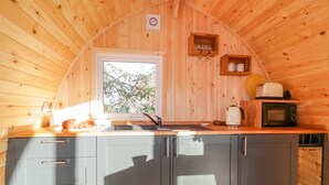 A compact kitchen with a window, wooden walls, and basic amenities including a sink, microwave, and cabinets. - Chapel Pod (Saltash)