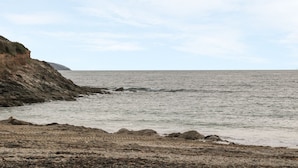 Una spiaggia costiera con roccia e una scogliera.