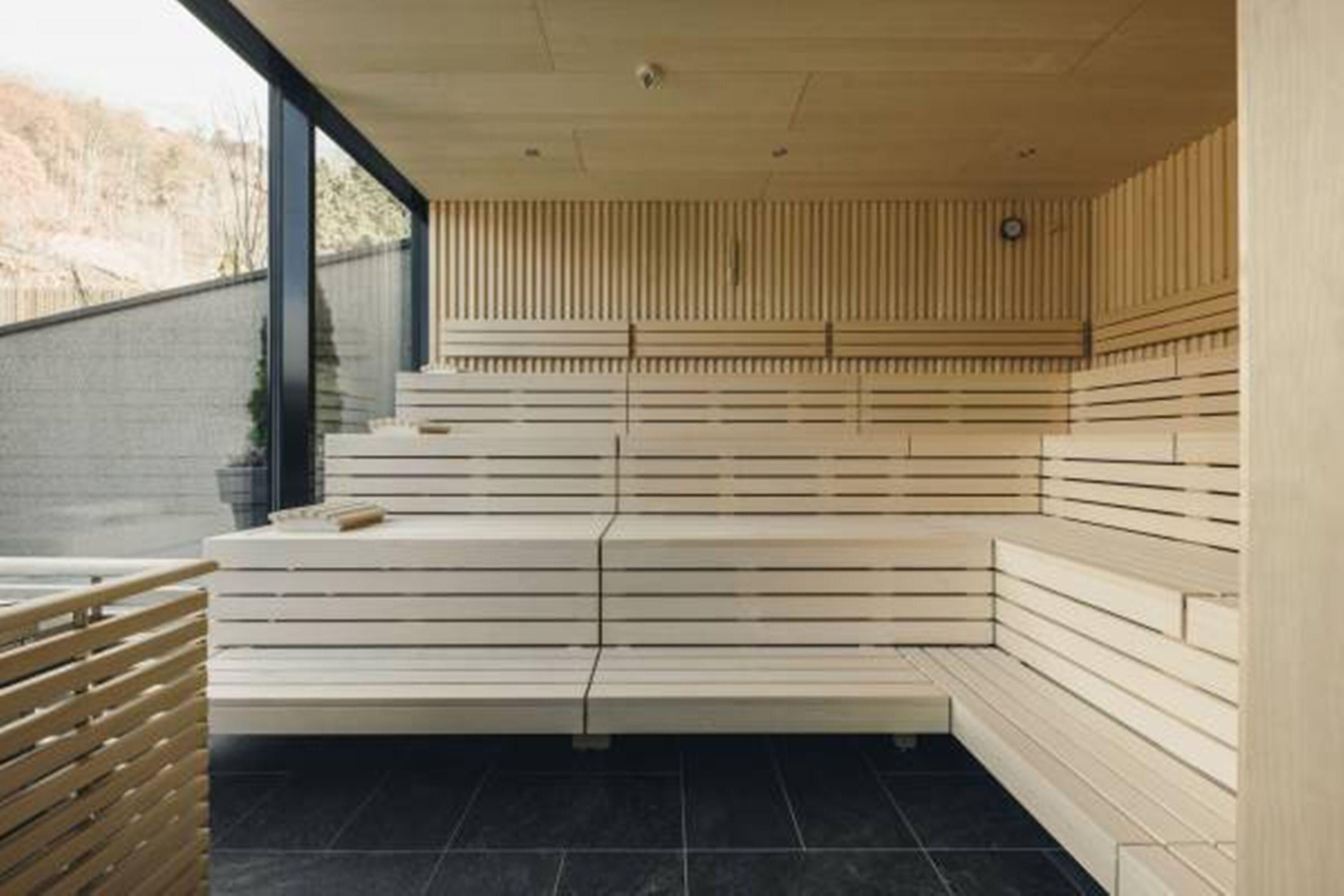 Un sauna avec des bancs disposés en gradins et un mur en bois.