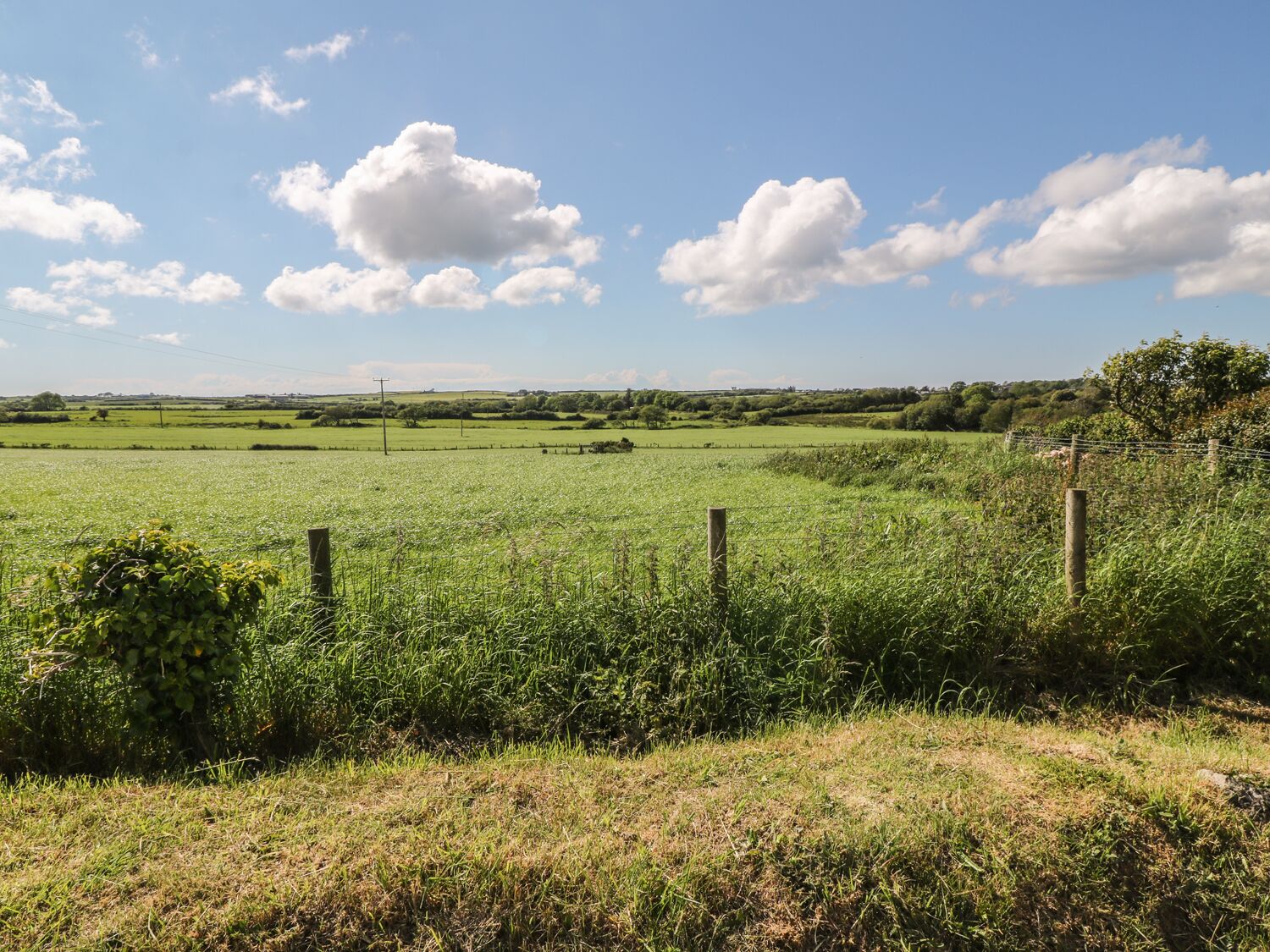 A rural landscape with a field, a fence, and distant hills.