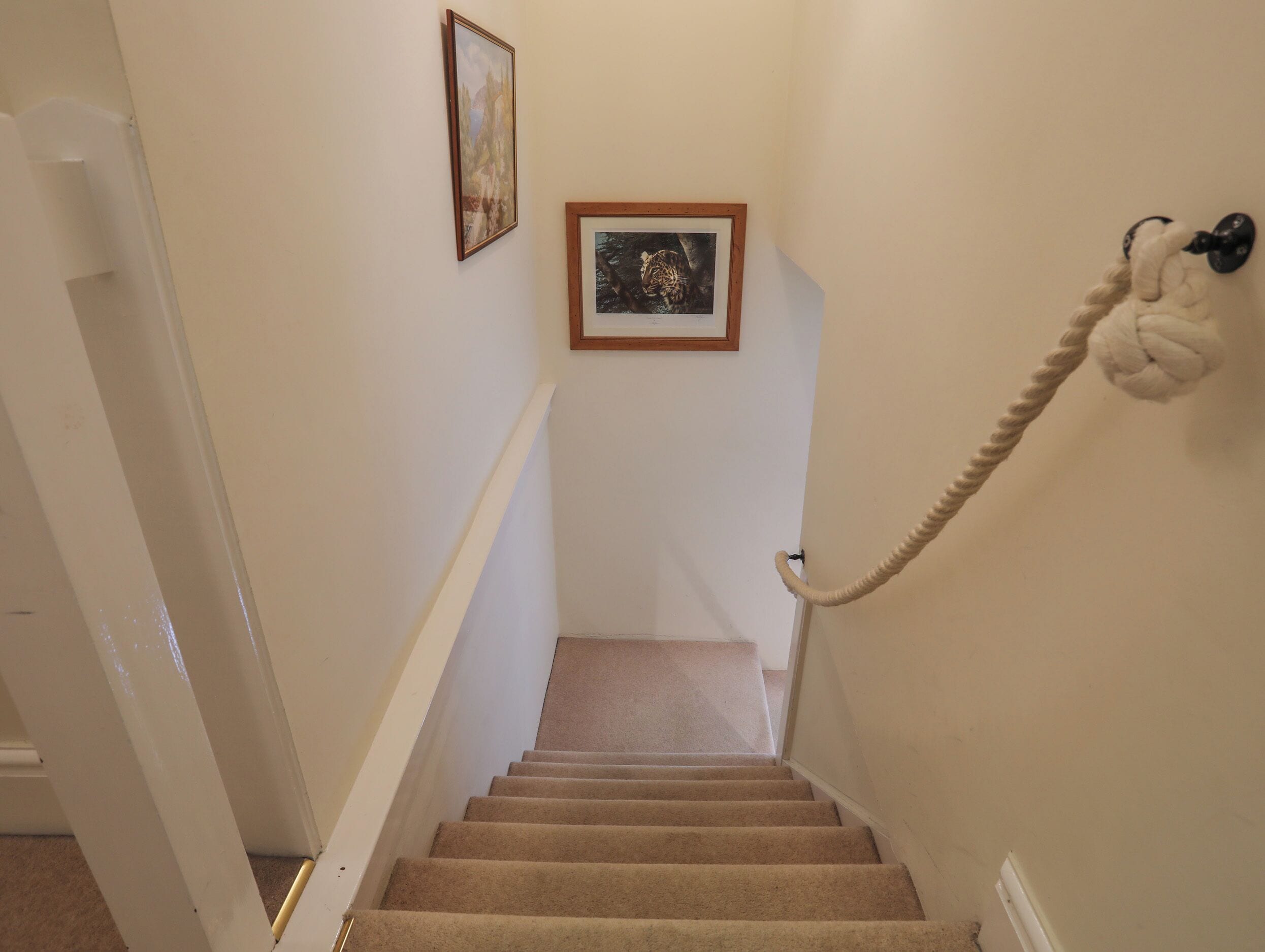 Un escalier recouvert de moquette, doté d’une rampe, un tableau encadré accroché au mur et une corde attachée à la rampe.