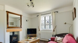 A cozy living room with a fireplace, a television, a red sofa, and a large mirror. - The Old School House (Dorchester)