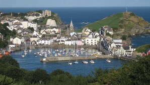 A coastal town with a harbor filled with boats, historic buildings, and a prominent church. - Seasound (Ilfracombe)
