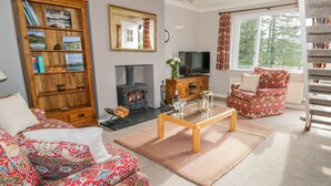 A cozy living room with a fireplace, a television, a bookshelf, and a floral sofa. - Kirkstone Cottage (Ambleside)