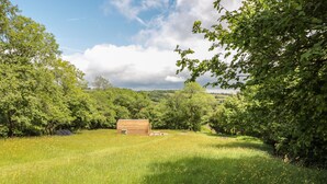 A rustic wooden cabin in a lush green field with a clear sky. - Dingle Den (Hereford)