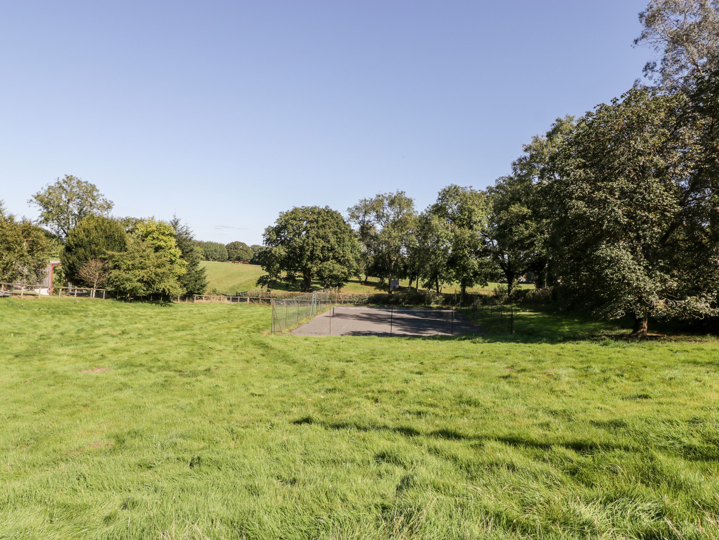 Een grasveld met bomen en een omheind gebied.