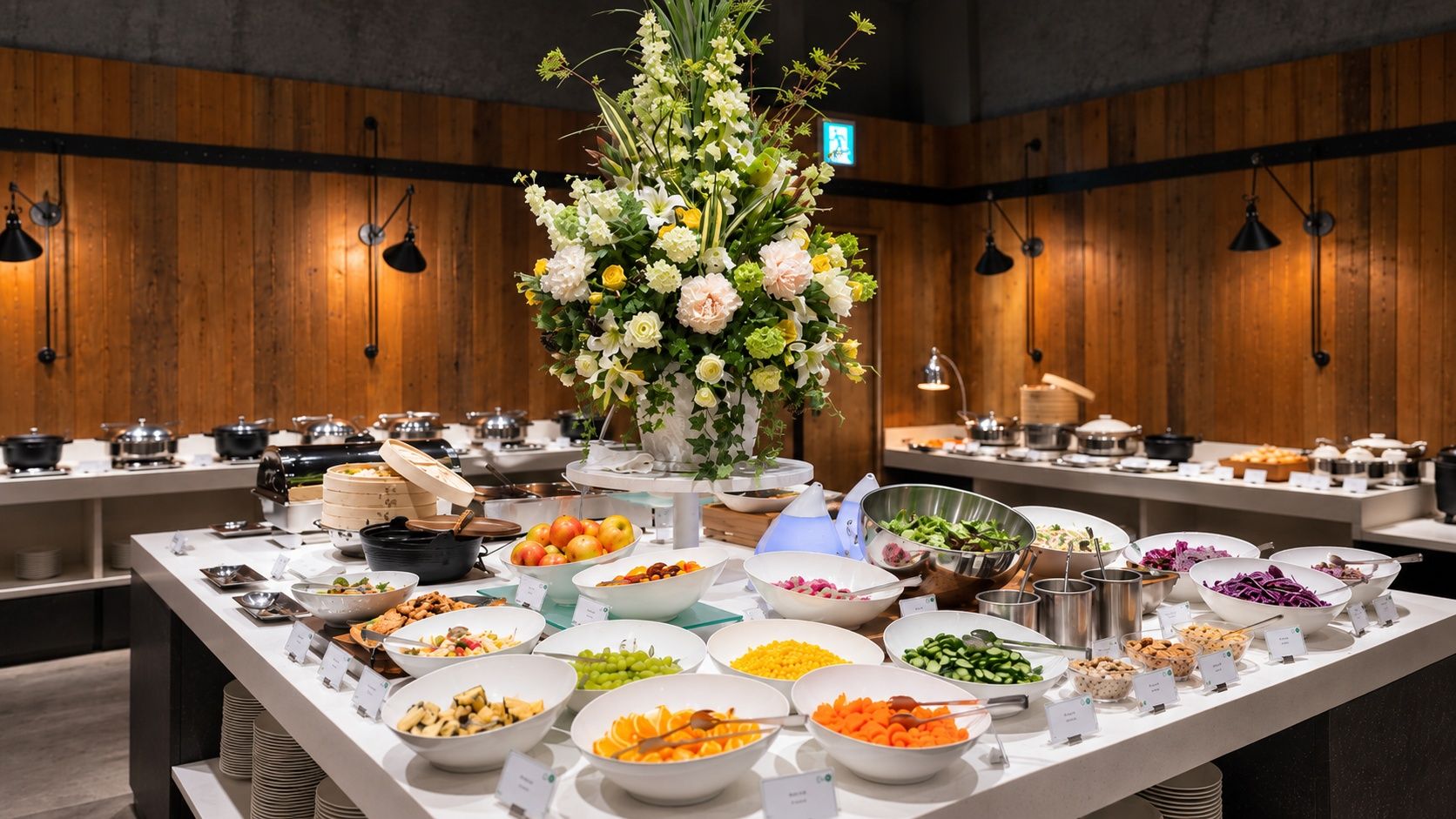 A buffet setup with various food items and a floral centerpiece.