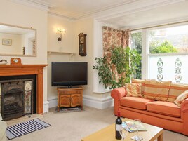 Una sala de estar con chimenea, televisor, sofá y ventana con cortinas.