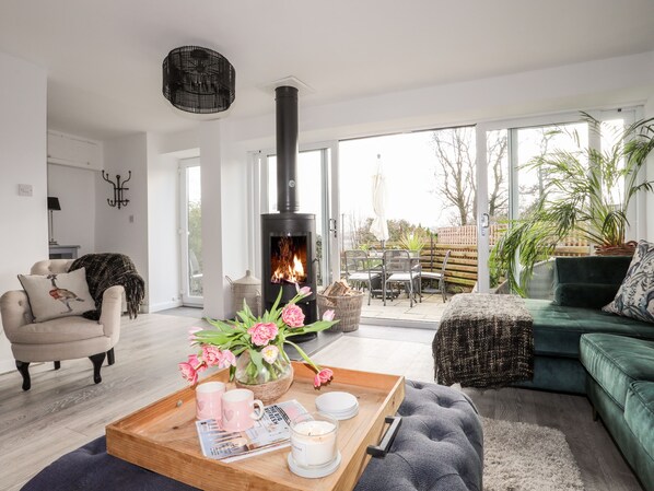 Relax in a cozy seating area with a plush sofa and armchair, featuring a warm wood-burning stove and a large window with an outdoor view.